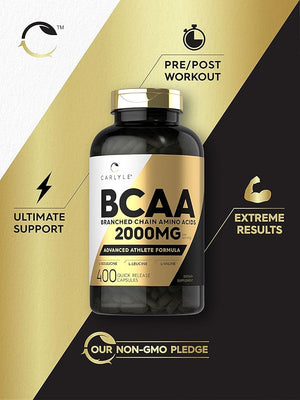 Carlyle BCAA Capsules – 2000mg, 400 Powder Pills, Amino Acids Blend with L-Isoleucine, L-Leucine & L-Valine, Non-GMO, Gluten-Free