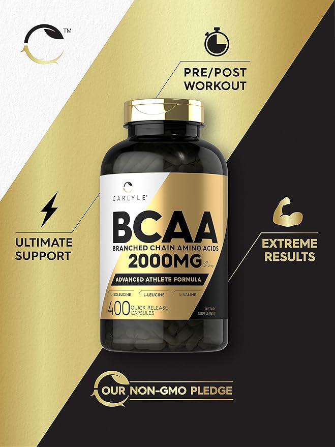 Carlyle BCAA Capsules – 2000mg, 400 Powder Pills, Amino Acids Blend with L-Isoleucine, L-Leucine & L-Valine, Non-GMO, Gluten-Free