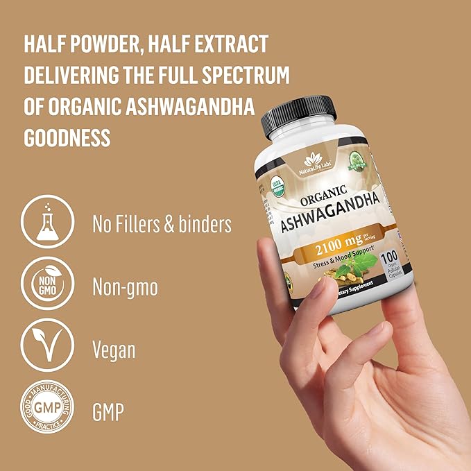 Organic Ashwagandha 2,100mg – High Potency Root Extract & Powder – Stress, Mood & Energy Support – Vegan, Non-GMO, Gluten-Free – 100 Capsules