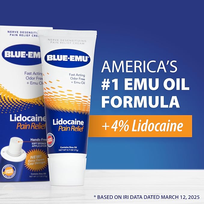 BLUE-EMU Lidocaine Pain Relief Cream – 4% Maximum Strength Numbing Cream for Nerve, Joint & Muscle Pain, Odor-Free, 2.7 oz Tubes (2-Pack)