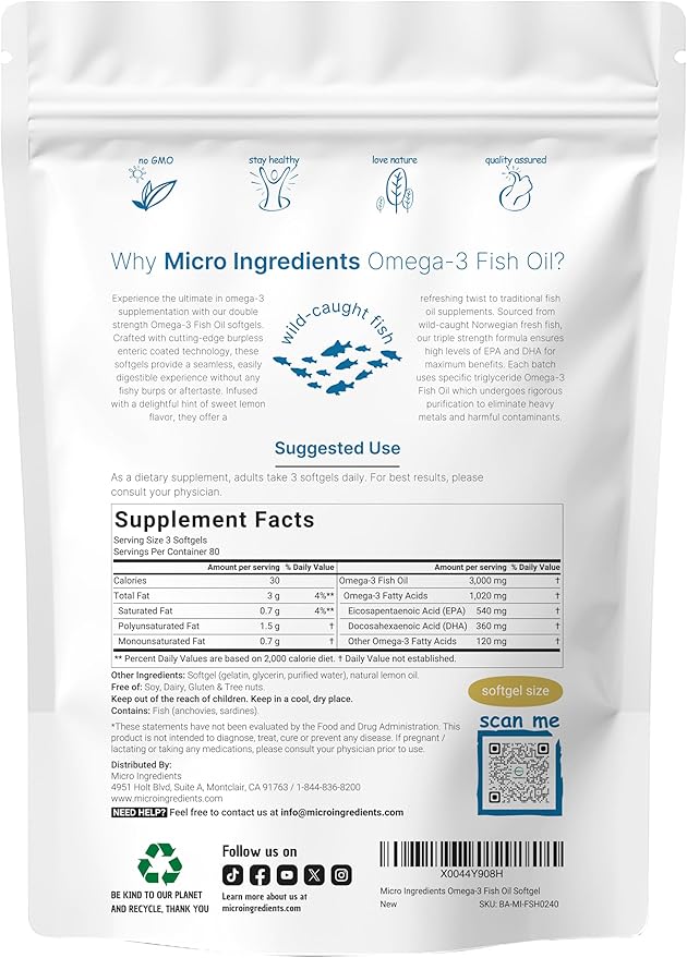 Micro Ingredients Omega-3 Fish Oil 3000mg – High EPA 540mg & DHA 360mg – Lemon Flavored, Burpless – Wild-Caught, Non-GMO – 240 Softgels