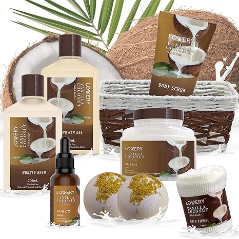 Vanilla Coconut Spa Gift Basket for Women, 9-Piece Home Spa Set, Bath Bombs, Towel, Gift-Ready