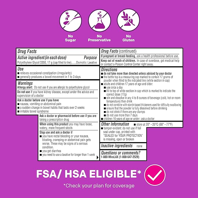 MiraLAX Gentle Constipation Relief Powder with PEG 3350 and Stirrer – Laxative and Stool Softener for Occasional Constipation – 14 Dose