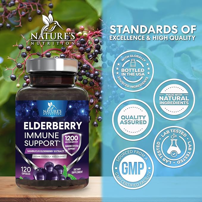 Elderberry Immune Support Capsules – 1200mg Sambucus Black Elderberry Extract – Daily Antioxidant & Immune Supplement – Non-GMO, Gluten-Free – 120 Capsules