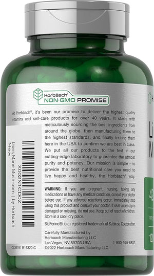 Horbäach Lion’s Mane Mushroom Extract 4200mg – Brain, Memory & Immune Support – 120 Vegetarian Capsules