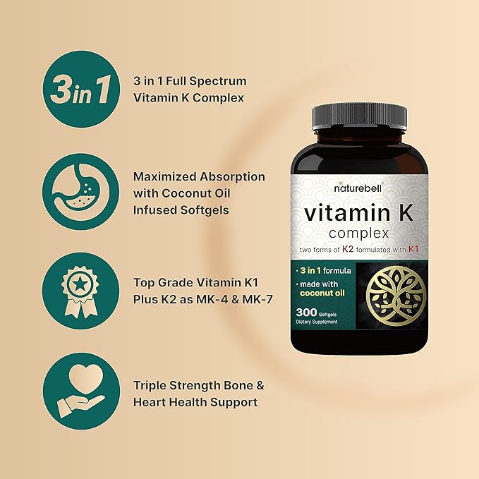NatureBell Vitamin K Complex – K1 + K2 (MK-7 & MK-4) 2,600mcg – Bone, Heart & Calcium Support – 300 Coconut Oil Softgels – Non-GMO