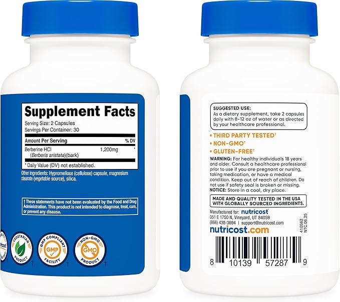 Nutricost Berberine HCl 1200mg – Blood Sugar & Metabolic Support – Non-GMO, Gluten-Free – 60 Vegetarian Capsules