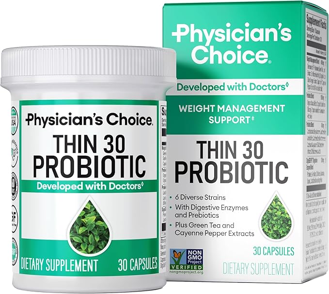 Physician’s CHOICE Thin30 Probiotics – Weight Management & Bloating Relief – 6 Probiotic Strains, Prebiotics, Green Tea & Cayenne – Gut Health for Women & Men – 30 Capsules