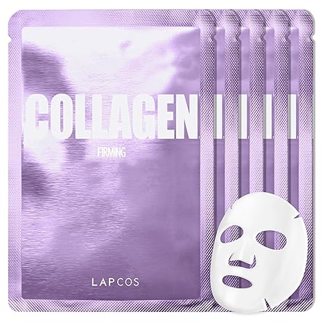 LAPCOS Collagen Sheet Mask – 5-Pack Firming Daily Face Masks with Peptides for Anti-Aging, Wrinkle Minimizing & Hydration – Korean Beauty Skincare