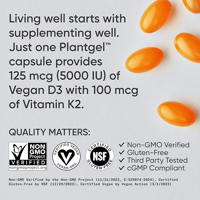 Sports Research Vitamin D3 + K2 (MK-7) – Vegan, Bone & Immune Support – Coconut Oil – 60 Softgels