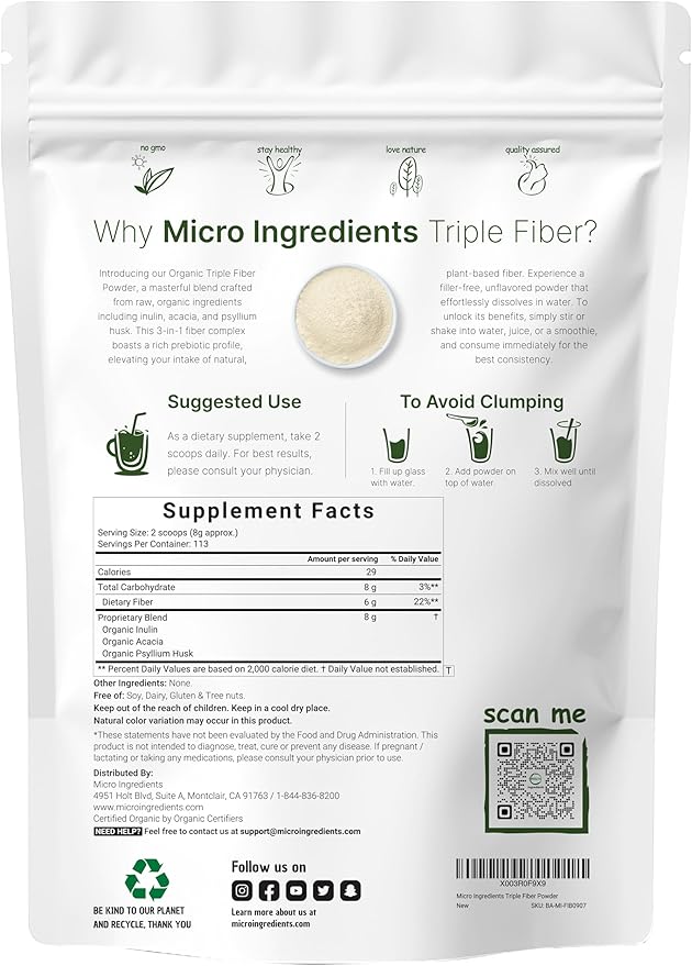 Micro Ingredients Organic Triple Fiber Powder – Inulin, Acacia & Psyllium Husk – Digestive Health & Hunger Support – Unflavored, Vegan, Non-GMO, Gluten-Free – 2 lb