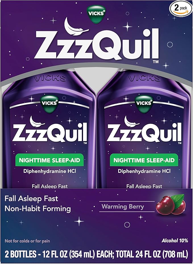 ZzzQuil Nighttime Sleep Aid Liquid – Warming Berry Flavor – 50mg Diphenhydramine – Non-Habit Forming – 12 fl oz (Pack of 2)