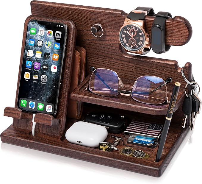 TESLYAR Wood Phone Docking Station for Men, Nightstand Organizer, Gift for Husband Dad, Key Wallet Stand
