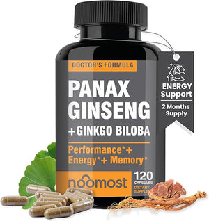 Authentic Korean Red Panax Ginseng with Ginkgo Biloba – Energy & Focus Supplement – Non-GMO, Gluten-Free, Vegan – 120 Capsules – For Men & Women