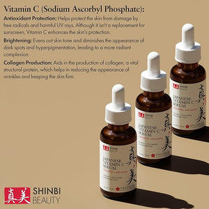 Shinbi Beauty Japanese Vitamin C Serum with Rice Water & Hyaluronic Acid – Brightening, Anti-Aging, Anti-Wrinkle – J-Beauty Glow – 1oz