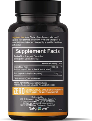 Natgrown Organic Maca Root Powder Capsules 1500mg – Red, Black & Yellow Peruvian Maca – Energy, Mood & Hormonal Support – Vegan, Non-GMO, Gluten-Free – 90 Capsules