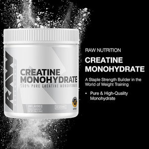RAW Nutrition Creatine Monohydrate Powder – Unflavored, Micronized, 30 Servings