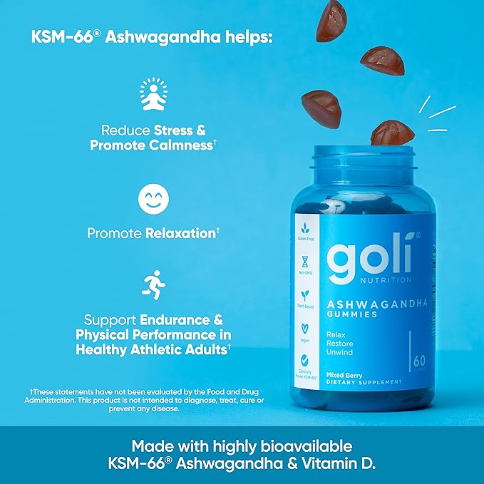 Goli Ashwagandha Gummies with KSM-66® & Vitamin D – Stress, Sleep & Mood Support – Vegan, Non-GMO – 60 Mixed Berry Gummies