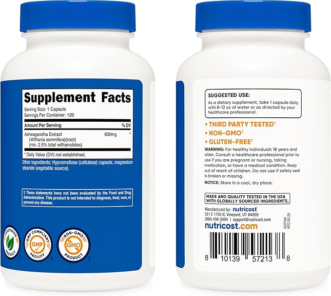 Nutricost Ashwagandha 600mg – Pure Root Extract for Stress & Mood Support – Non-GMO, Gluten-Free – 120 Vegetarian Capsules