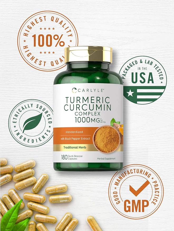 Carlyle Turmeric Curcumin 1000mg with Black Pepper – Turmeric Complex for Joint & Wellness Support – Non-GMO, Gluten-Free – 180 Capsules