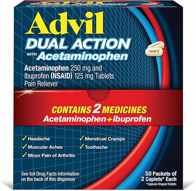 Advil Dual Action Pain Relief Caplets with Acetaminophen and Ibuprofen 50 Packs of 2 Count