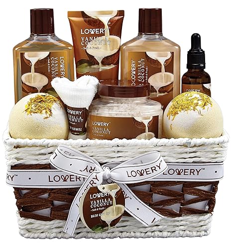 Vanilla Coconut Spa Gift Basket for Women, 9-Piece Home Spa Set, Bath Bombs, Towel, Gift-Ready