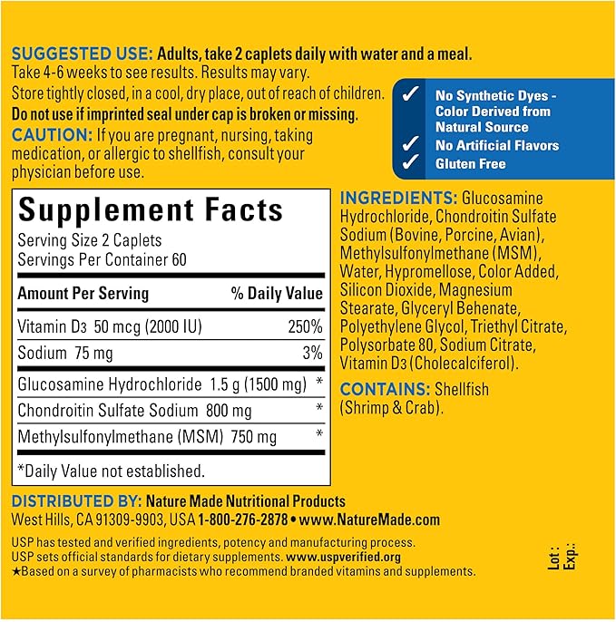 Nature Made Glucosamine Chondroitin Complex with MSM – Joint, Cartilage & Flexibility Support – Gluten-Free – 120 Caplets (60-Day Supply)