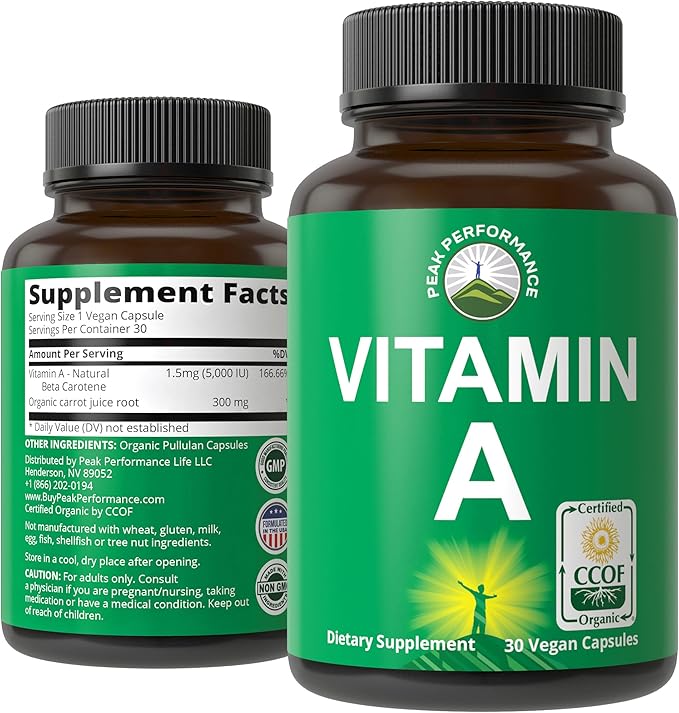 Certified Organic Vitamin A 5000 IU – Carrot Juice, Immune, Eye & Skin Support – Vegan, Non-GMO – 90 Capsules