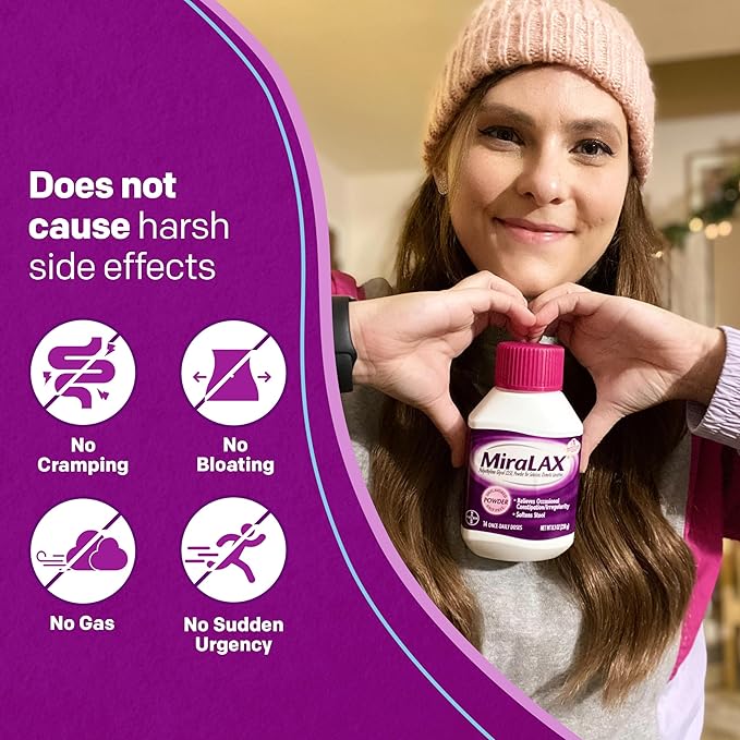 MiraLAX Laxative Powder – Gentle Constipation Relief with PEG 3350 – Stool Softener, 45 Doses – No Harsh Side Effects