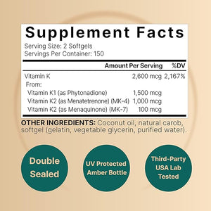 NatureBell Vitamin K Complex – K1 + K2 (MK-7 & MK-4) 2,600mcg – Bone, Heart & Calcium Support – 300 Coconut Oil Softgels – Non-GMO