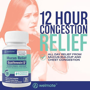 WELMATE Mucus Relief 1200mg, 100 Tablets – 12-Hour Chest Congestion Expectorant – Compare to Mucinex