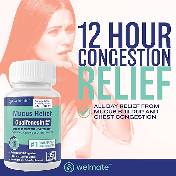 WELMATE Mucus Relief 1200mg, 100 Tablets – 12-Hour Chest Congestion Expectorant – Compare to Mucinex