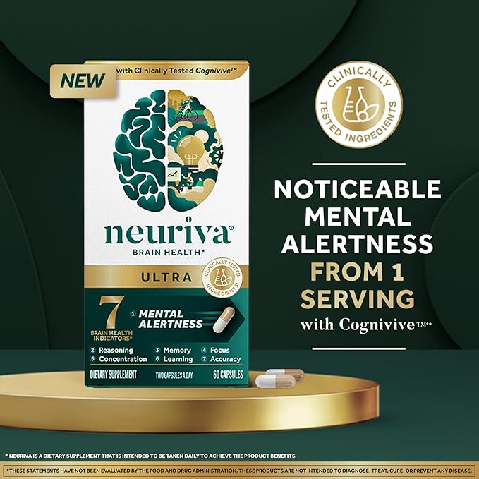 NEURIVA Ultra Decaffeinated Nootropic Brain Supplement – Memory, Focus & Mental Alertness – Cognivive™, Neurofactor™, Phosphatidylserine, B6 & B12 – 60 Capsules
