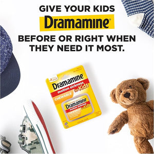 Dramamine Kids Chewable Motion Sickness Relief Tablets Grape Flavor – 8 Count per Pack, 3 Travel Packs – Safe for Ages 2 to 12