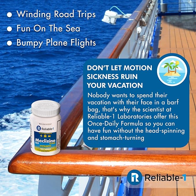 Reliable-1 Laboratories Meclizine HCL 25mg – Motion Sickness & Nausea Relief Tablets, Chewable, Raspberry Flavor, Vertigo & Dizziness Aid – 100 Count