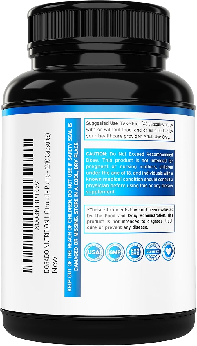 DORADO NUTRITION L Citrulline 3000mg Supplement – 240 Capsules, Supports L-Arginine & Nitric Oxide, Vegan & Non-GMO, USA Made