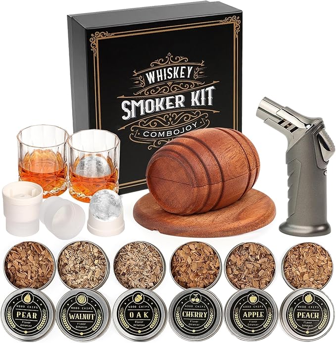 Whiskey Smoker Kit with Torch, 6 Wood Chips, 2 Glasses, Ice Ball Molds, Cocktail Gift for Men
