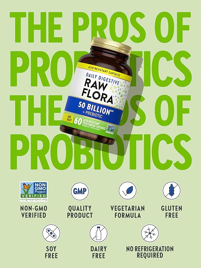 Nature's Truth Raw Flora Probiotic 50 Billion CFU with Prebiotic Inulin – Gut & Digestive Health – Non-GMO, Gluten-Free, Vegetarian – 30 Capsules