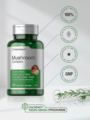 Horbäach Mushroom Complex – 8 Mushroom Immune & Brain Support – 150 Capsules – Non-GMO, Gluten Free