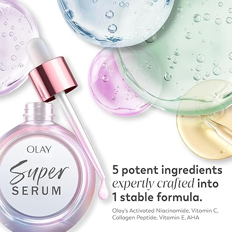 Olay Super Serum, Niacinamide, Vitamin C & E, Collagen Peptide, AHA, 5-in-1 Brightening Hydrating Firming Anti-Aging Serum, 1oz