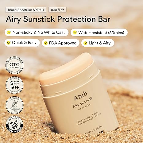 Abib Airy Sunstick SPF50+ Korean Sunscreen Stick, Semi-Matte, No Whitecast, Water Resistant, Portable Sun Protection Bar