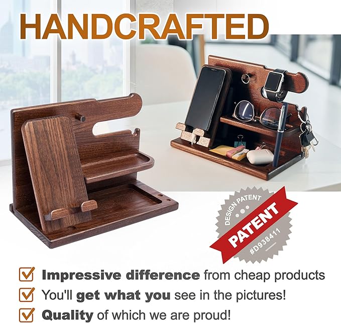 TESLYAR Wood Phone Docking Station for Men, Nightstand Organizer, Gift for Husband Dad, Key Wallet Stand