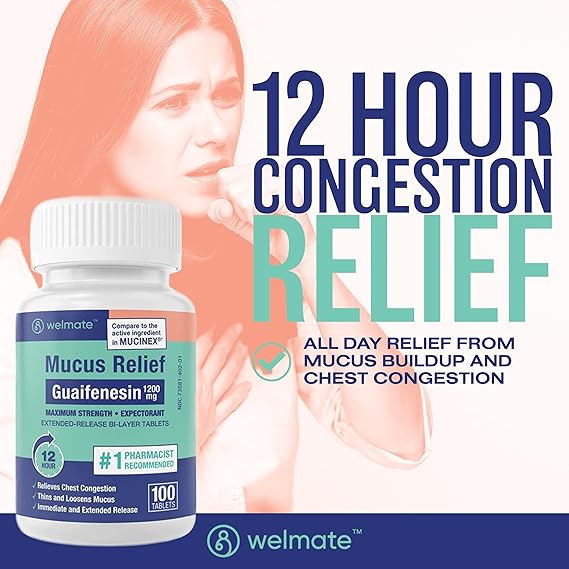 WELMATE Mucus Relief, 100 Tablets – 1200mg Guaifenesin Expectorant – 12-Hour Chest Congestion Relief