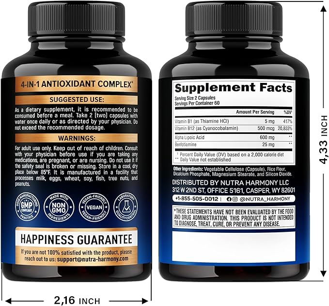 Nutraharmony Alpha Lipoic Acid 600mg with Benfotiamine, Vitamin B1 & B12 – Nerve, Energy & Metabolism Support – Antioxidant, Non-GMO, Vegan – 120 Capsules