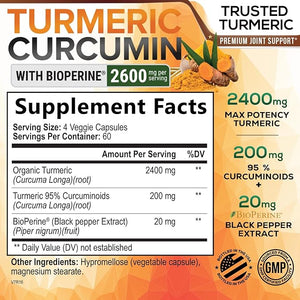 Turmeric Curcumin 2600mg with 95% Curcuminoids & BioPerine – High Absorption Joint Support – Vegan, Non-GMO, Gluten-Free – 240 Capsules
