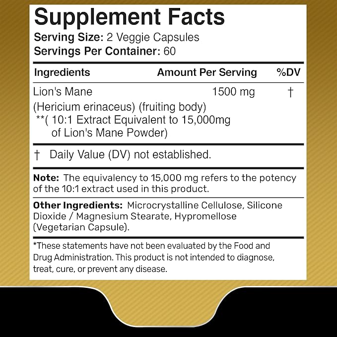 Lion’s Mane Mushroom Capsules – Organic Brain, Memory & Focus Support – 120 Vegan Capsules