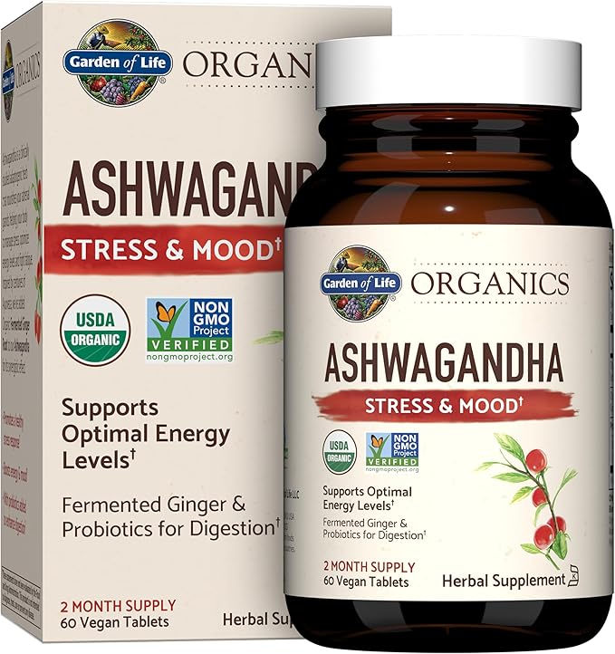 Garden of Life Organic Ashwagandha with Probiotics & Ginger – Stress, Mood & Energy Support – USDA Organic, Vegan, Gluten-Free – 60 Tablets