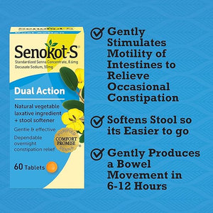 Senokot-S Dual Action Laxative & Stool Softener – 30 Tablets – Natural Overnight Constipation Relief for Adults & Kids 2+