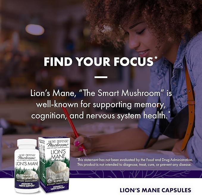 Host Defense Lion’s Mane – Brain, Focus & Memory Support – Immune & Nervous System – 60 Vegan Capsules