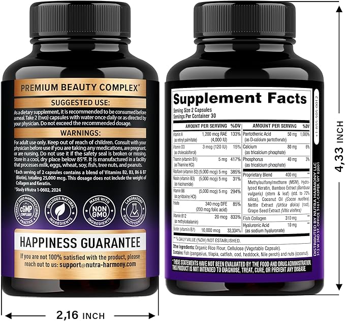 Nutraharmony Biotin, Collagen & Keratin – Hair Growth, Skin & Nails Supplement – 25,000 mcg with Hyaluronic Acid & B-Complex – Non-GMO, Made in USA – 60 Capsules